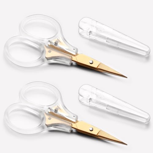 SnipStation Small Scissors 3 Travel Size with Safety Cover NeedlePoint Fine Tip Precision Blades for Crochet Yarn Thread Paper Fabric Detail Cutting Mini Shears for Sewing & Embroidery 2-Pack