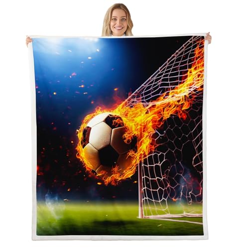 Homemissing Boys Soccer Fleece Throw Blanket Single 50x60Inch For Sofa Bed Couch Kids Teens Football Gaming Plush Blanket Soccer Ball Game Room Decor