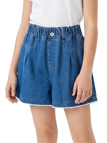 Happy Cherry Jeans Shorts Mädchen Teenager Denim Kurze Hose Spitzenbesatz Elastische Hoher Taille Baggy Jeansshorts Kinder Weich Kurzehose Streetwear mit Tasche 12-13 Jahre