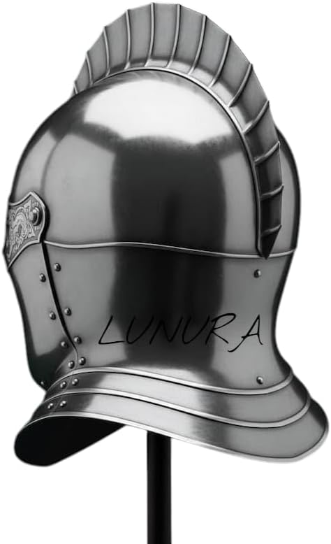 Medieval Knight Helmet, Silver Metal with Celtic Engravings, Decorative Armor Display