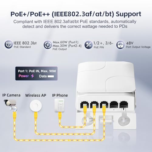 Image of Outdoor 5 Port PoE Extender, 1 in 4 Out PoE+ Switch, 10 /100Mbps, IEEE 802.3 af /at /bt 90W, Wall Mount Waterproof YuLinca POE Passthrough Switch