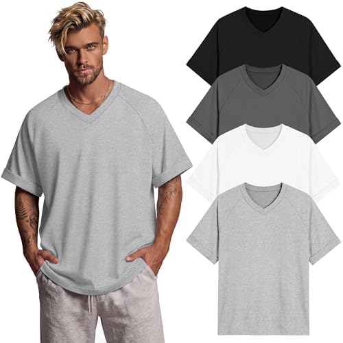 August Alley 4 Pack Men's Oversized Shirts Raglan Short Sleeve V Neck Tops Causal Summer Basic Tees(Black, Charcoal Gray, White, Light Gray,X-Large)