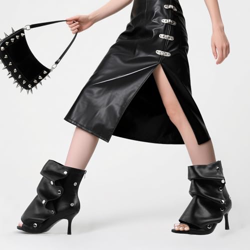 FancyQueen Open Toe Ankle Boots, Black Stiletto High Heels Slouchy Summer Boots Fold Over Slouch Shark Peep Toe Booties for Office Party, Snap-off Panel, Pointed Toe2