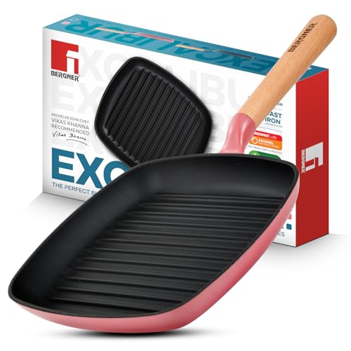 Image of BERGNER Excalibur Lightweight Cast Iron Square Grill Pan 24cm, Sturdy Wooden Handle, Non-Stick Coating, PFAS Free, Perfect Heat Distribution, Elegant Design - Induction Compatible (Pink)