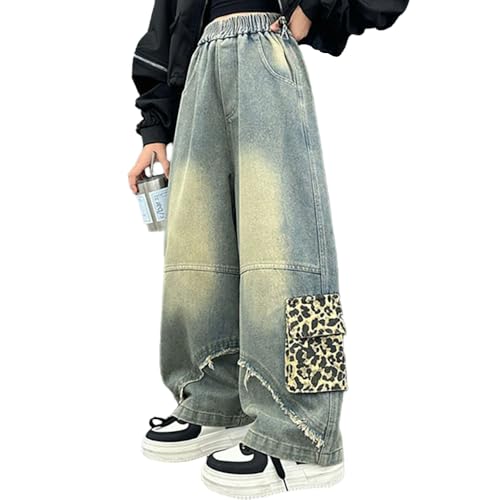 Tween Girls Baggy Jeans-Casual Wide Leg Denim Pants with Leopard Print Pockets, Elastic Waistband Jeans for Girls2