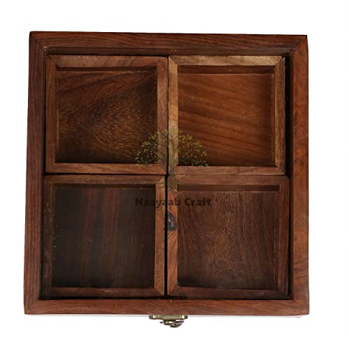 Image of Naayaab Craft Sheesham Wooden Masala Spice Box with Spoon, Square Spice Container for Kitchen, Masala Dani for Spices & Dry Fruits, Wooden Kitchen Storage Box