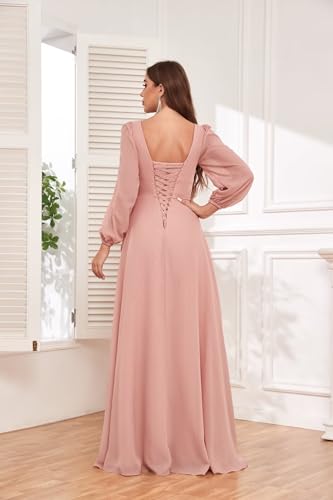 PYEFA Long Sleeves Bridesmaid Dresses for Wedding Women with Slit Ruffle V Neck Chiffon Long Formal Dress2