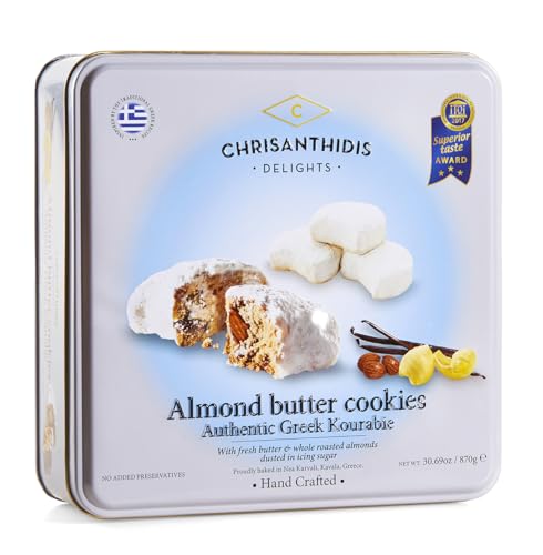 Almond Butter Cookies Authentic Greek Kourabie/With fresh butter & whole roasted almonds dusted in icing sugar/Hand Crafted/Proudly baked in Nea Karvali, Kavala Greece / 30.69 oz (870g)