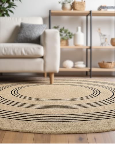 Image of Rounds Jute Carpet - Handwoven Natural Fiber Rug for Living Room, Bedroom, Entryway | Boho Chic Eco-Friendly Area Rug | Rustic Designer Floor Mat:-(Jute Tikki Black, 7x7 feet