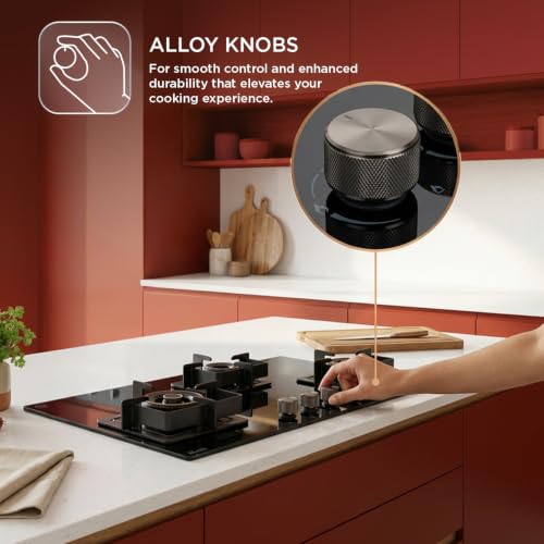 Image of Glen 77 CM 3 Burner Auto Ignition Glass Hob | 2 Triple Ring Forged Brass Burners | Built-in Gas Hob | Toughened Black Glass | 2 Years Standard Warranty & 5 Years Warranty | BH1073DFHT2TR77