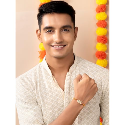 Image of Peora Om Shree Ram Swastik Rakhi for Brother Bhaiya | Crystal & Beads Studded | Red Thread | Raksha Bandhan Hamper with Roli Chawal Greeting Card
