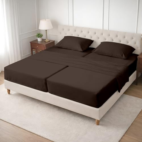 Image of SGI Split King Sheet Set for Adjustable Bed Egyptian Premium Cotton 600 Thread Count Sheets for Sleep Number Bed 15 inch Deep Pocket 5 Pc Set with 2 Twin XL Fitted Sheets Soft Breathable -Chocolate