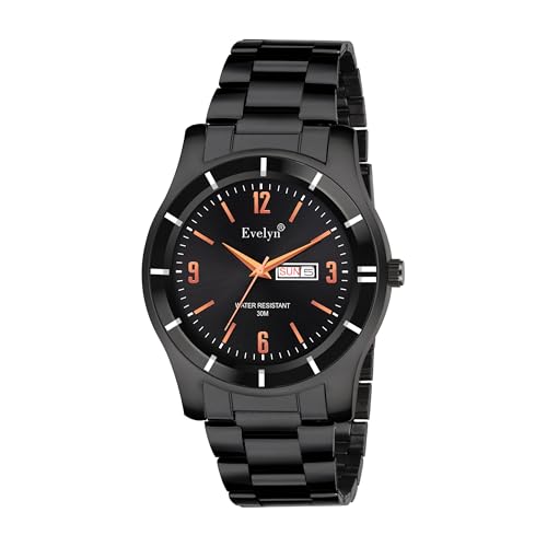 Image of Evelyn Classic Men's Watch, Black Stainless Steel, Analog Display, Day-Date Function, Rose Gold Accents Eve 165
