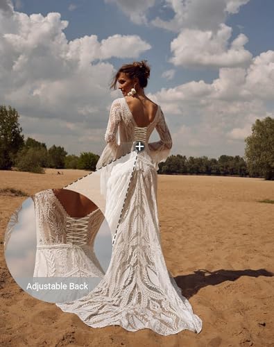 Women Beach Lace Wedding Dress V Neck Long Bell Sleeves Low Back Tasseled Boho Tasseled Formal Bridal Gowns3