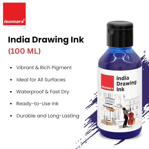Image of Isomars India Waterproof Drawing Ink Blue 100ml | Professional Artist Ink for Illustration, Calligraphy, Airbrush, Canvas, Fabric, Wood, Paper & Technical Drawing