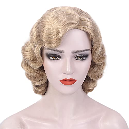 R REEWES FASHION HAIR Long 1920s Finger Wave Curly Short Wig Vintage Synthetic Heat Resistant Full Wigs for Women Cosplay Costume Fancy Dress with Wig Cap (Blonde) - Image 4