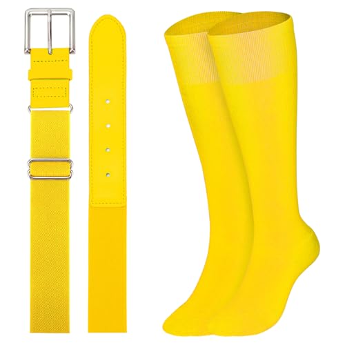 XZQTIVE Baseball Softball Socks and Baseball Softball Belt Combo Set Knee-High Soccer Socks for Kids Youth Adult Yellow