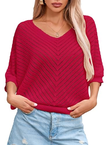 Image of Libsorge Womens Sexy V Neck 3 /4 Sleeve Sweater Spring 2025 Trendy Dressy Casual Outfits Lightweight Crochet Knit Pullover Top