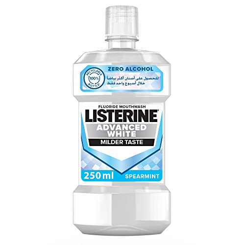 Listerine Advanced White Mouthwash Removes Tough Coffee and Tea Stains Milder Taste Spearmint Flavour for Fresh and Clean Breath 250ml