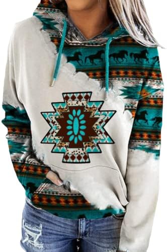 Lanaoree Western Wear For Women Ethnic Style Rhombus Printed Hooded Sweatshirt Women's Geometric Horse Print Aztec Hoodie Pullover Large