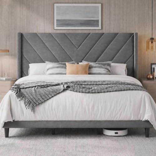 Image of Yaheetech King Bed Frame Upholstered Platform Bed /Wooden Slat Support /Tufted Headboard with Wing Side /Mattress Foundation /No Box Spring Needed,Light Gray King