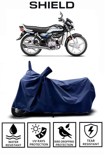 Image of Shield Heavy Duty Bike Cover for Hero Hf Deluxe | All-Season, Tear-Proof Fabric | with Side Mirror Pocket & Buckle Belt | Hero Hf Deluxe Bike Cover (Blue)