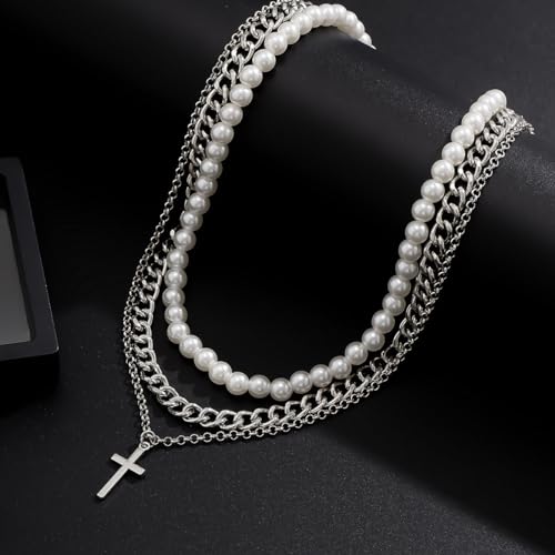Pearl Necklace for Men Y2K Layered Cross Necklaces Mens Stainless Steel Chain Pearl Choker Compass Pendant 2/3PCS Necklaces Set for Men Women Jewelry for Father Boyfriend Husband4