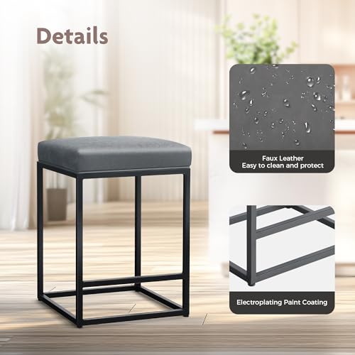 Butacos de barra ALPHA HOME, altura 24 pulgadas, juego de 2, color gris con cojín y patas negras, estilo moderno, estructura de metal y asiento de cuero sintético miniatura 6