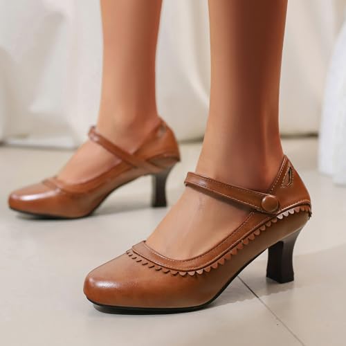 Retro Kitten Heel Round Toe Brogue Ruffles Women Pumps4