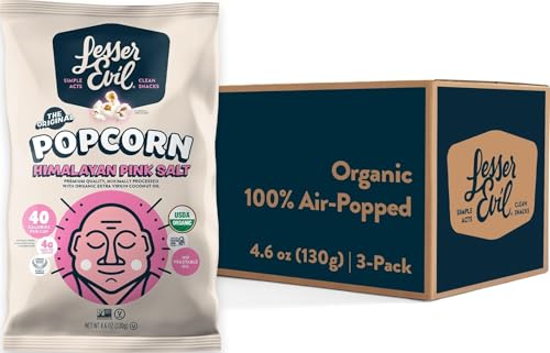 Image of LesserEvil Himalayan Pink Salt Organic Popcorn, Premium Quality, Minimally Processed, No Vegetable Oil, 4.6 Oz, (Pack of 3)