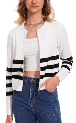 Image of MISS MOLY Women's Striped Cardigan Sweaters Full Zip Trendy Long Sleeve Round Neck Dressy Casual Knit Pullover Sweater White XS