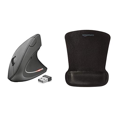 Trust Verto Souris sans Fil, USB, Verticale, Ergonomique, 800/1200/1600 DPI, 4 Boutons, LED, pour Droitier - Noir &amp; AmazonBasics Tapis de Souris avec Repose-Poignet en Gel