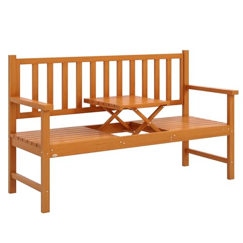 Outsunny Gartenbank 3-Sitzer Sitzbank mit Tisch Parkbank mit Armlehne Holzbank bis 280 kg Belastbar für Balkon Terrasse Hellbraun 153 x 56 x 91 cm