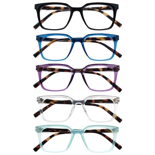 OPULIZE KOI Gafas de Lectura Pack de 5 - Marco Rectangular Ancho - Negro/Azul/Violeta/Transparente/Aqua - Hombre Mujer - RRRRR50-135CQ - +3.00