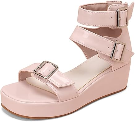 Tscoyuki Womens Buckle Straps Wedge Sandals, Open Toe Platform Flat Sandals