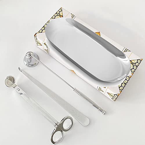 Chexin 4 Stücke Kerze Zubehör Set mit Kerzenlöscher, Kerzendochtschneider, Dochtzieher, Ablageschale,Edelstahl Kerzenwerkzeug Kit, Geschenk für Candle Lover(Silber)