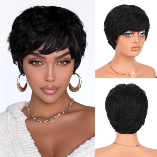 PEACOCO Short Pixie Cut Wig Human Hair for Black Women With Bangs Layered Wavy Wigs Glueless Human Hair Wear and Go Natural Black 1B