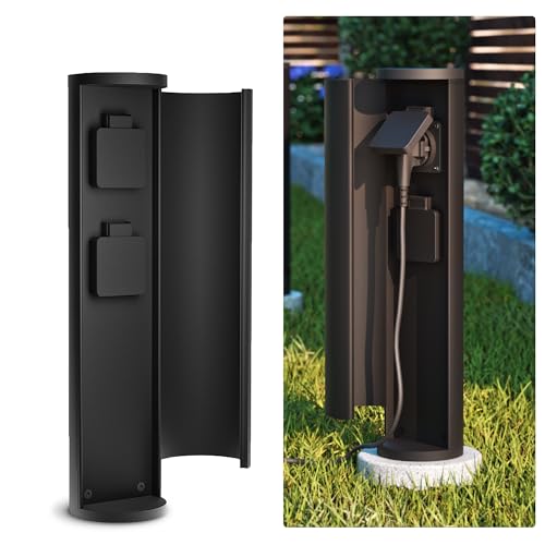 SSC-LUXon PALISO Design - Colonna di prese con 2 prese per giardino ed esterno, colonna di alimentazione con porta, colore: nero, IP44, altezza 39,5 cm