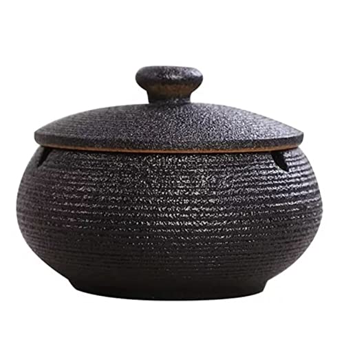 Glomora Windproof Ashtray for Patio with Lid - Handmade Ceramic Vintage Ashtray for Outdoor/Indoor Use (Black)