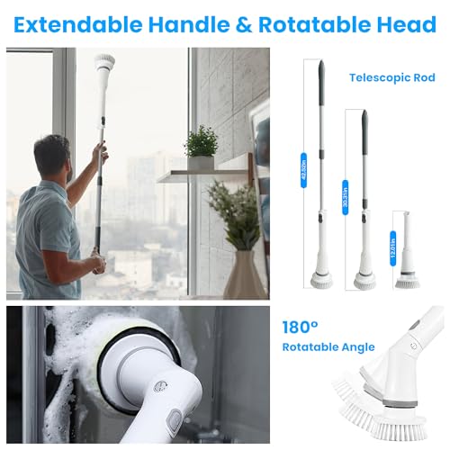 Image of Moclever Electric Spin Scrubber - Cordless, Rechargeable, 400RPM Powerful Cleaning Brush with 6 Replaceable Heads, 2-Speed Adjustment & Extendable Handle for Bathroom, Tile, and Grout