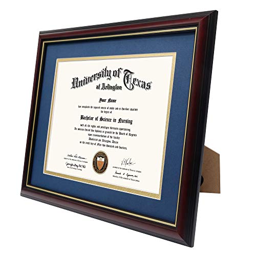 GraduationMall 8.5x11 Diploma Frame with Navy over Gold Mat or Display 11x14 Certificate without Mat,Solid Wood & UV Protection Acrylic,Cherry Finish with Gold Trim