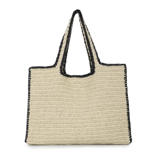 Image of Fecialy Women Large Straw Tote Handbag Hand Woven Summer Beach Shoulder Bag Chic Casual Travel Vacation Bags