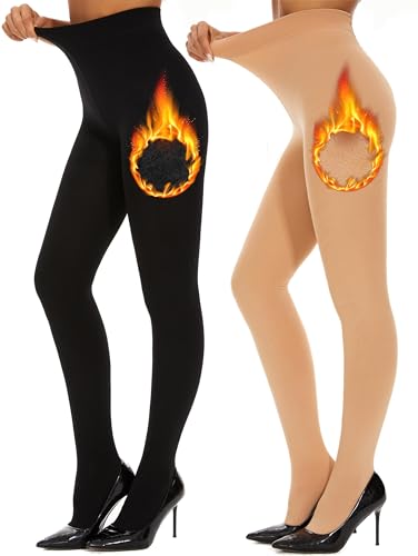 Image of DUCMODA Fleece Lined Tights for Women, Warm Thermal Winter Pantyhose, Soft Opaque Thick Leggings