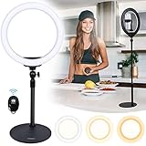 xeneo 10 desktop selfie ring light with stand and phone holder for iphone android 3 light modes dimmable led ringlight for youtube video shooting streaming makeup with remote shutter