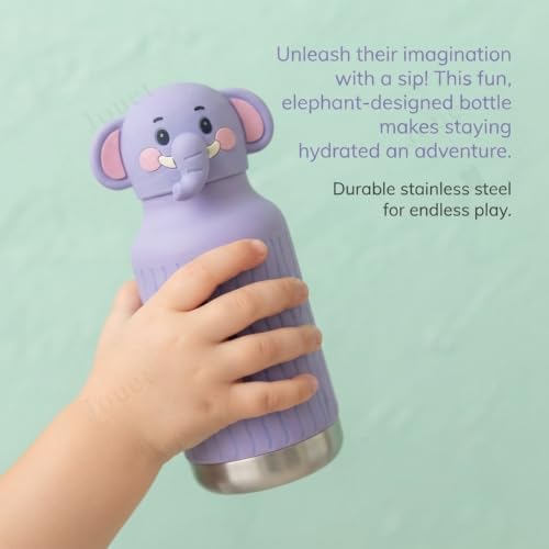 Image of JOUET Kids Stainless Steel Water Bottle 280ml with Cute Elephant Character Lid, Purple Leakproof Drinking Bottle for School, Travel & Daily Use