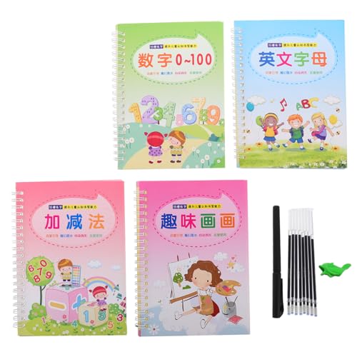 HOUDERCO 4個子供用英語手書き練習帳 グルーブ付きカリグラフィー練習ブック 幼児向けアルファベット書き方 かんたんライティングトレーニング