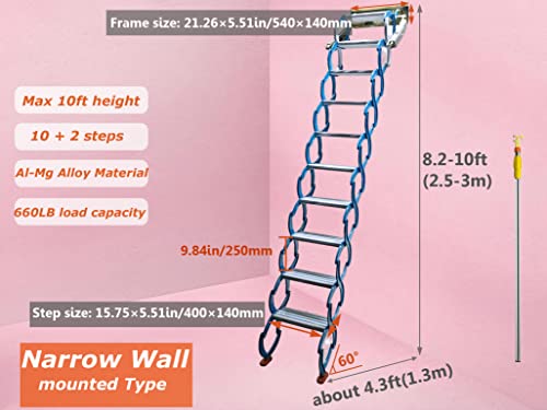 INTSUPERMAI Attic Ladder Loft Stairs 12 Loft Steps Ladder Folding Staircase Foldable Attic Stairs Pull Down with Aluminum Alloy Scissor Structure No handrail 10 ft Height Blue