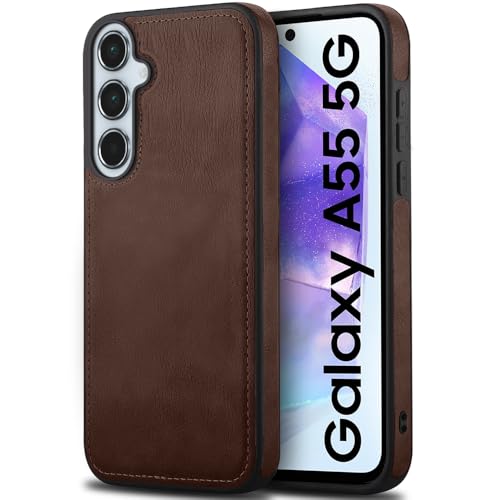 Image of TheGiftKart Genuine Leather Finish Back Cover Case for Samsung Galaxy A55 5G | Shockproof Design | Raised Edges for Camera & Screen Protection | Stunning Minimalist Case Cover for Samsung A55 (Brown)