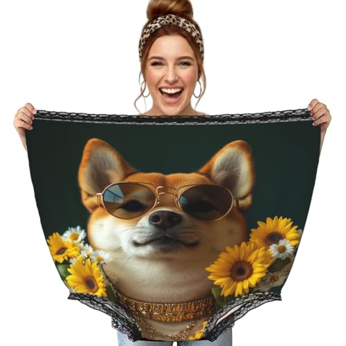 Culotte de grand-mère géante noire avec imprimé rigolo de Shiba Inu et tournesols