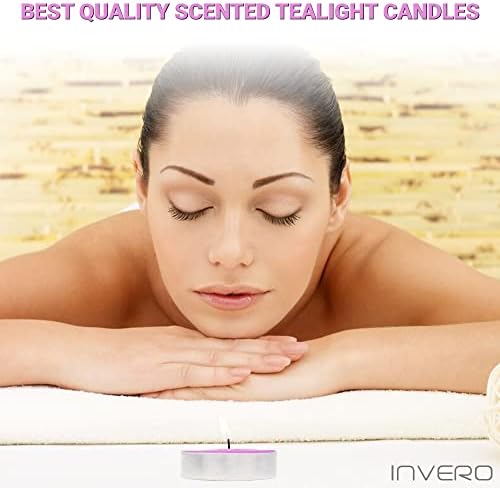 Invero 60 Pack of Fragranced Tea Light Scented Candles - 2.5 Hours Burn Time - Includes Fresh Berries, Fresh Peach, Wild Lavender, Indulgent Vanilla, and Mountain Spring Fragrances
